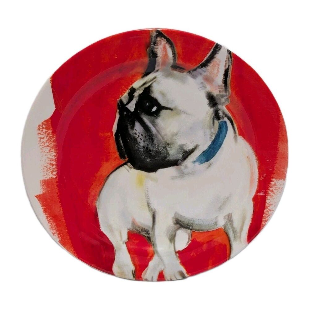 New Anthropologie Plate SALLY MUIR Dessert DOG-A-DAY Frenchie Bulldog Stoneware
